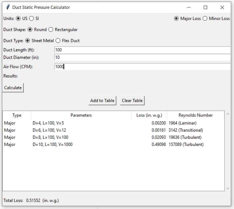 Duct Static Calc Pro v.0.1 window screenshot